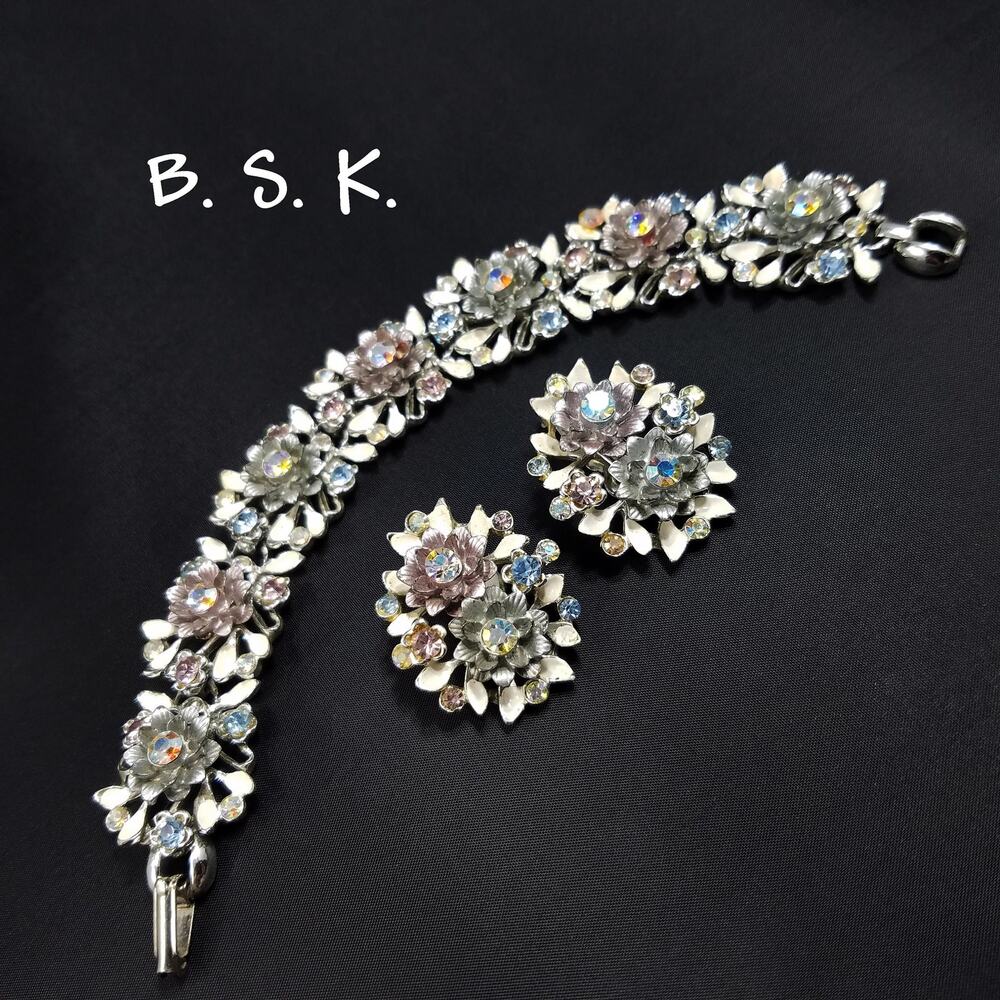 Vintage BSK White Enamel Floral Bracelet Earrings Set